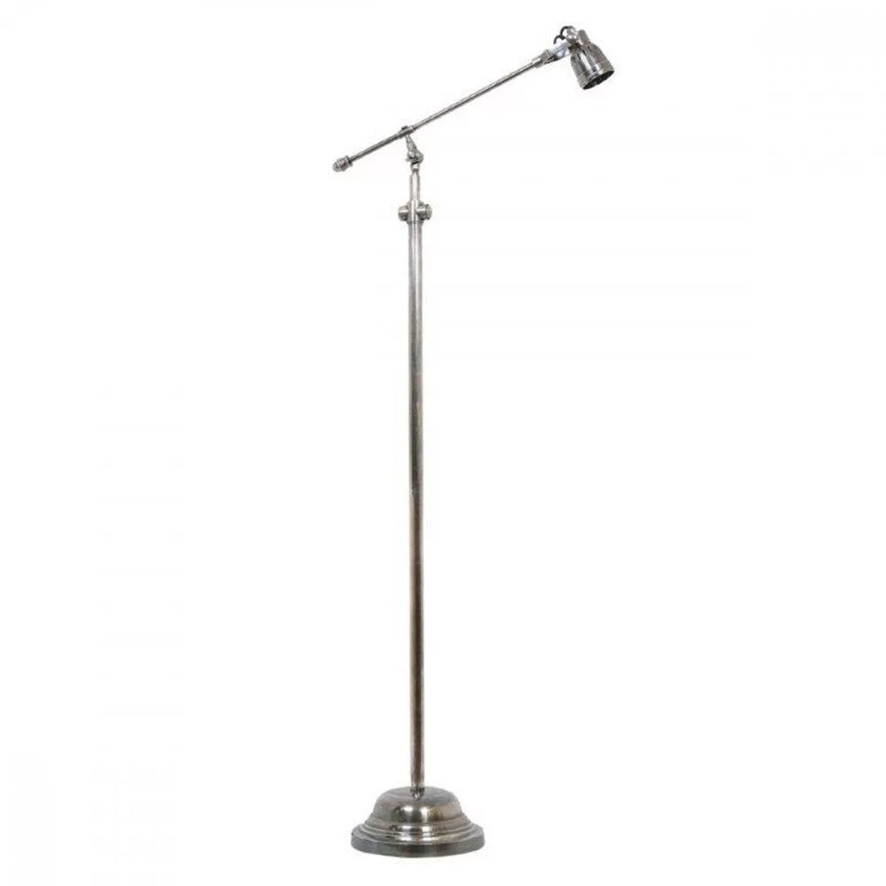 Freigestellte Vintage-Lese-Stehlampe aus patiniertem Antiksilber mit Galgenarm, Gegengewicht und zylindrischem Spotkopf