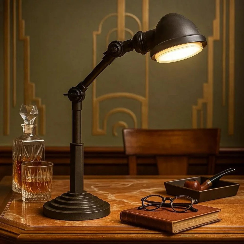 Klassische Linsen-Schreibtischleuchte in Schwarz eingeschaltet über Buch, Brille und Tabakspfeife auf Marmortisch
