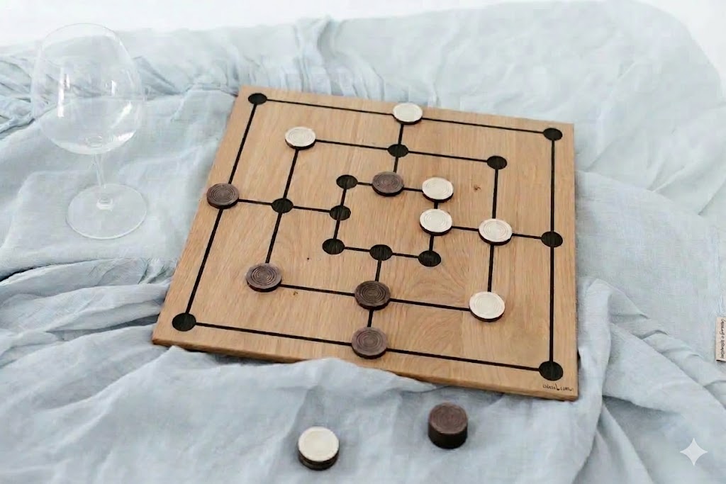 Mühlespielbrett aus massiver Eiche mit Schweizer Kante, gelaserten Spiellinien und hellen sowie dunklen Holz-Spielsteinen im Spielverlauf