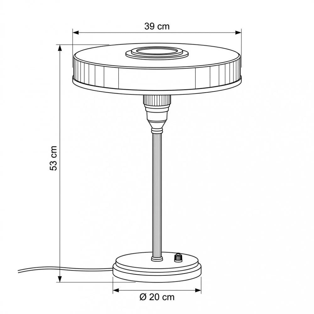 Technische Maßzeichnung der Pilzlampe: Höhe 53 cm, Schirm Ø 39 cm, Fuß Ø 20 cm
