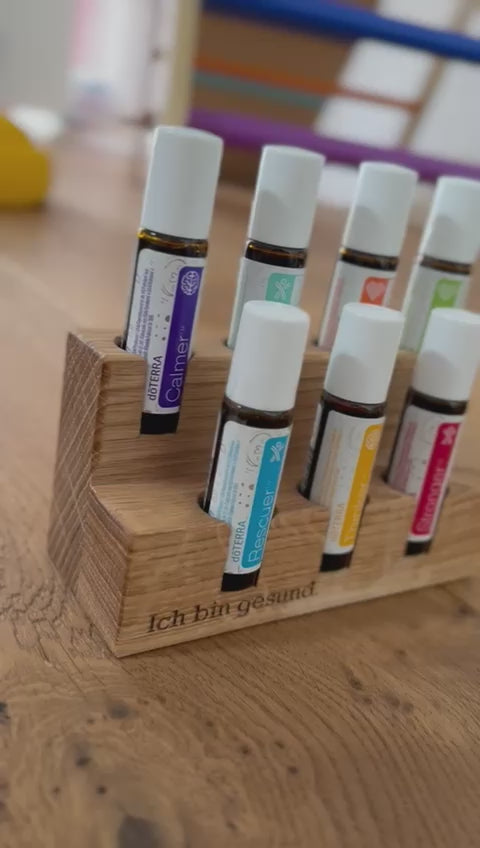 Roll-On Organizer 7 Chakra Eiche handgefertigt – Aufbewahrung ätherische Öle Holz Wellness personalisierbar