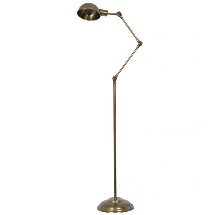 Gelenk-Stehlampe aus Metall in Antikmessing mit verstellbarem Scherengestänge, Halbkugelschirm und E27-Fassung, Freisteller