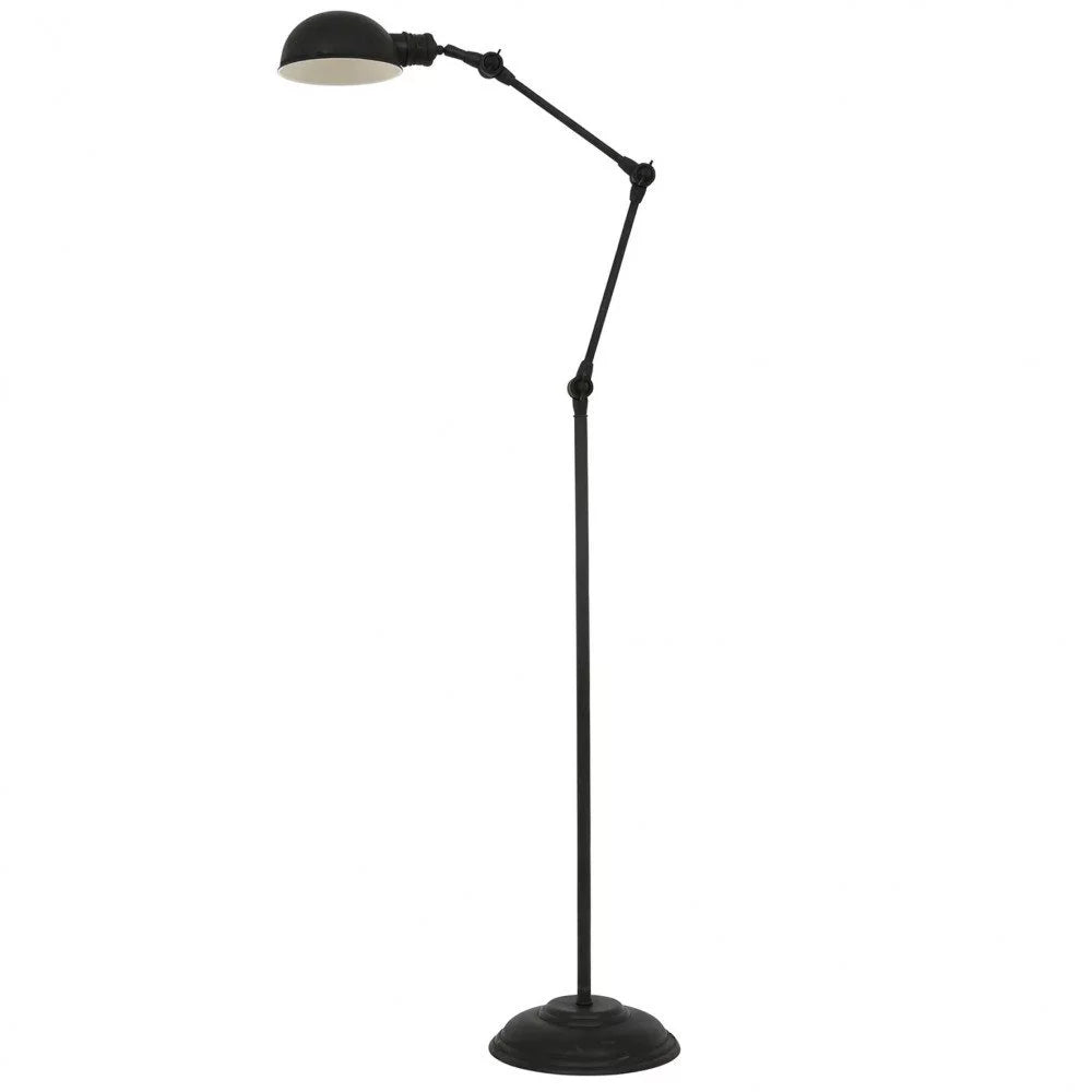 Gelenk-Stehlampe aus Metall in Schwarz mit verstellbarem Scherengestänge, Halbkugelschirm und E27-Fassung, Freisteller