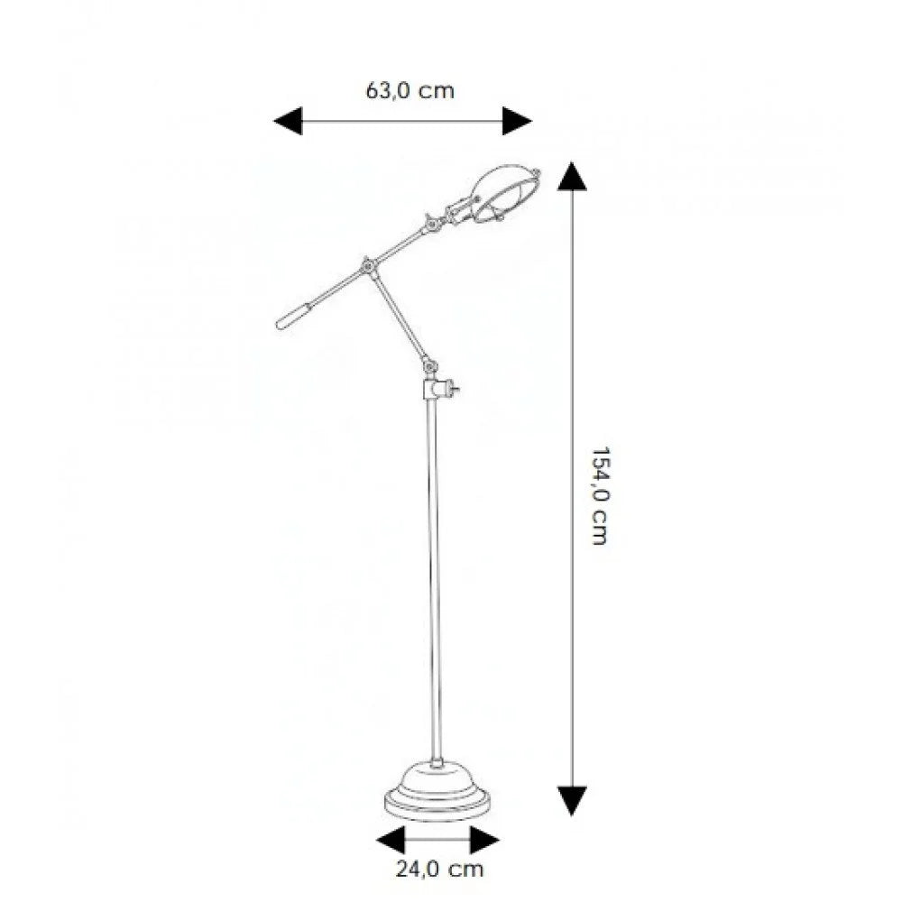 Technische Maßzeichnung der Stehlampe mit Bemaßung: 154 cm Gesamthöhe, 63 cm maximale Ausladung und 24 cm Rundfuß-Durchmesser