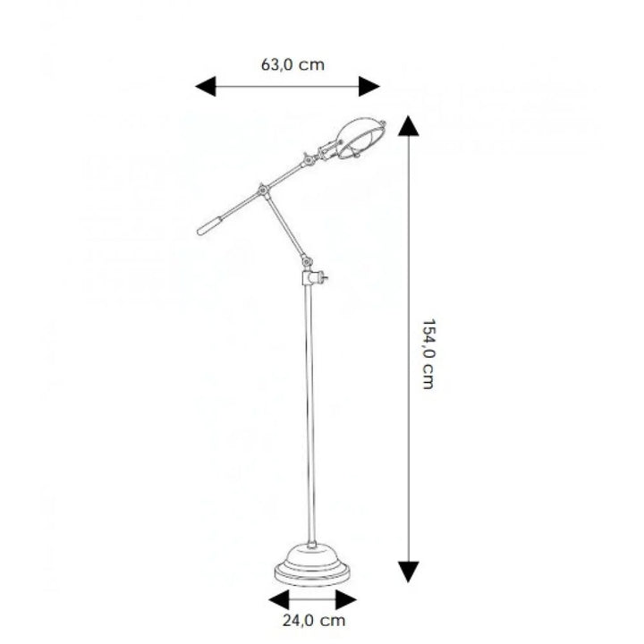 Technische Maßzeichnung mit Abmessungen: Gesamthöhe 154 cm, Ausladung 63 cm und Fußdurchmesser 24 cm