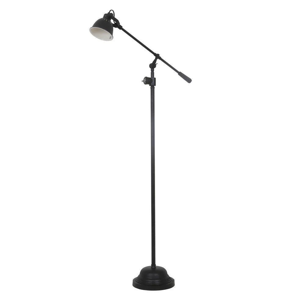 Klassische Stehlampe in Mattschwarz mit Galgenarm, Gegengewichtsstange und Glockenfuß, Freisteller