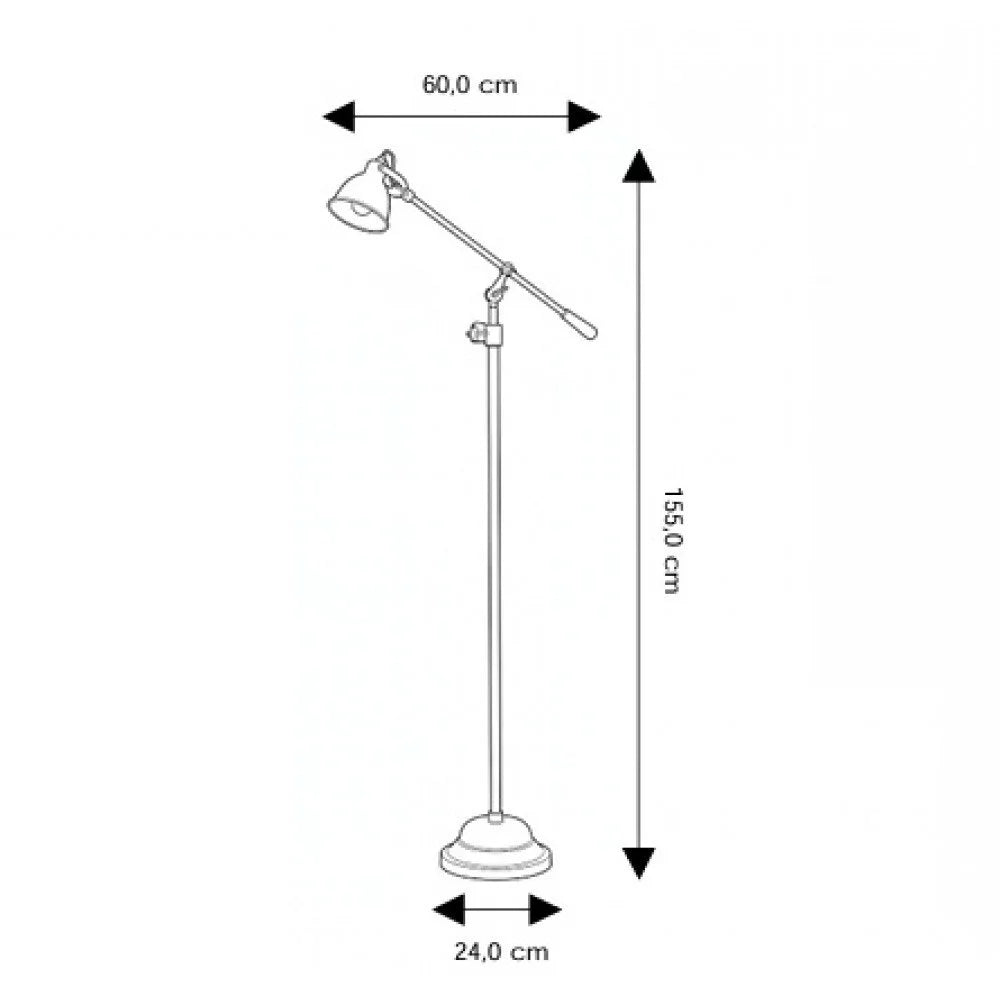 Technische Zeichnung der Stehlampe mit Maßen: Höhe 155 cm, Ausladung 60 cm, Standfuß-Durchmesser 24 cm