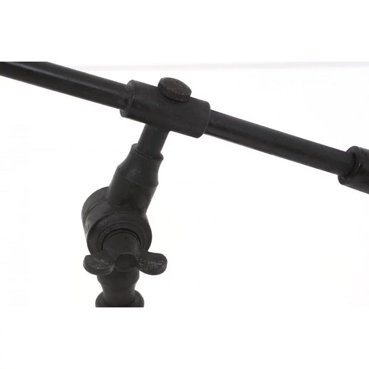 Detail des verstellbaren Wippgelenks mit massiver Flügelschraube und Auslegerstange in Mattschwarz