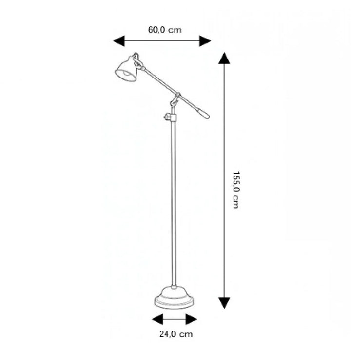 Technische Maßzeichnung der Stehleuchte mit Bemaßung: Höhe 155 cm, Ausladung 60 cm und Fußdurchmesser 24 cm