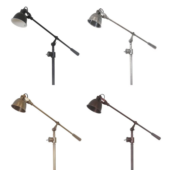 Stehleuchte in Antiksilber im Vergleich zu den Finishes Schwarz matt, Messing antik und Bronze